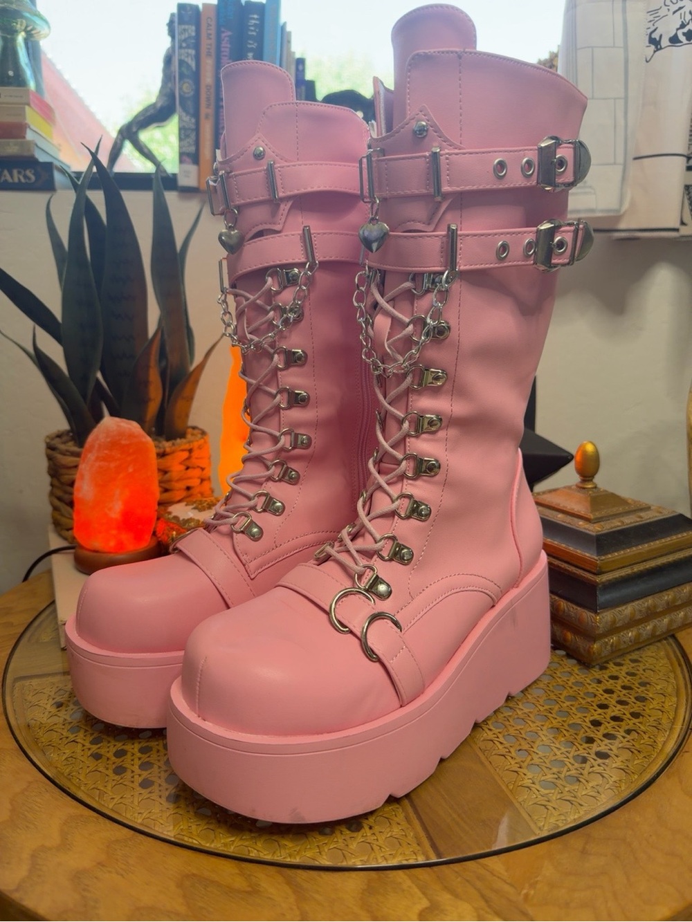 Pastel Pink Platform Combat Boots Heart Chain Buckle Kawaii Goth US 8.5